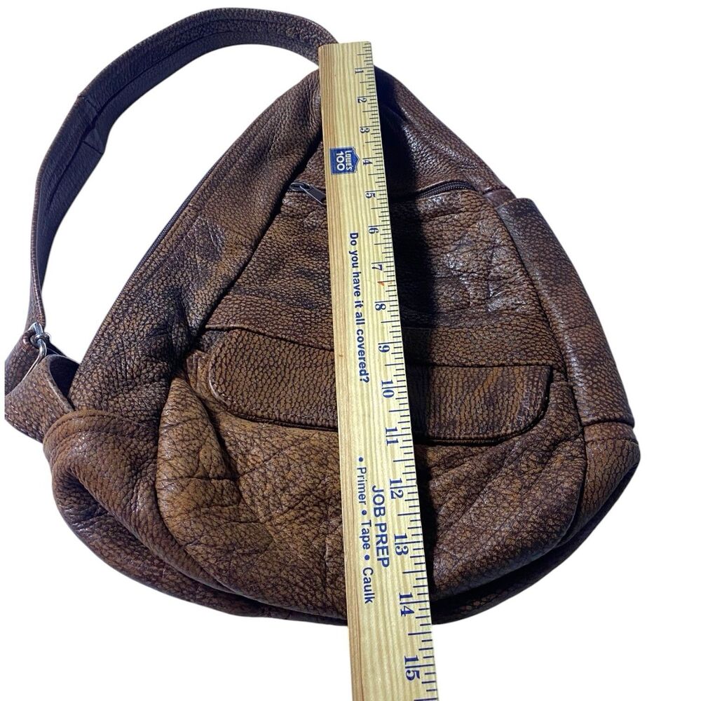 VTG Brown Pebbled Leather Teardrop Sling Bag Crossbody Backpack Multi-Pocket - Picture 11 of 12